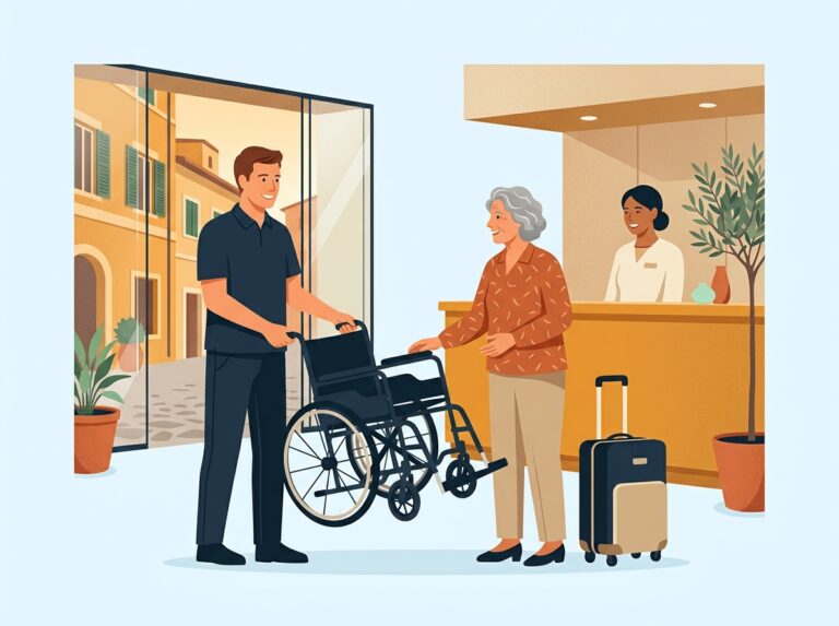 Übergabe eines Mietrollstuhls an der Rezeption eines Hotels in Rom