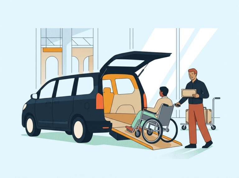 Rollstuhlfahrer fährt über die Rampe in einen behindertengerechten Transfer-Van am Flughafen Rom