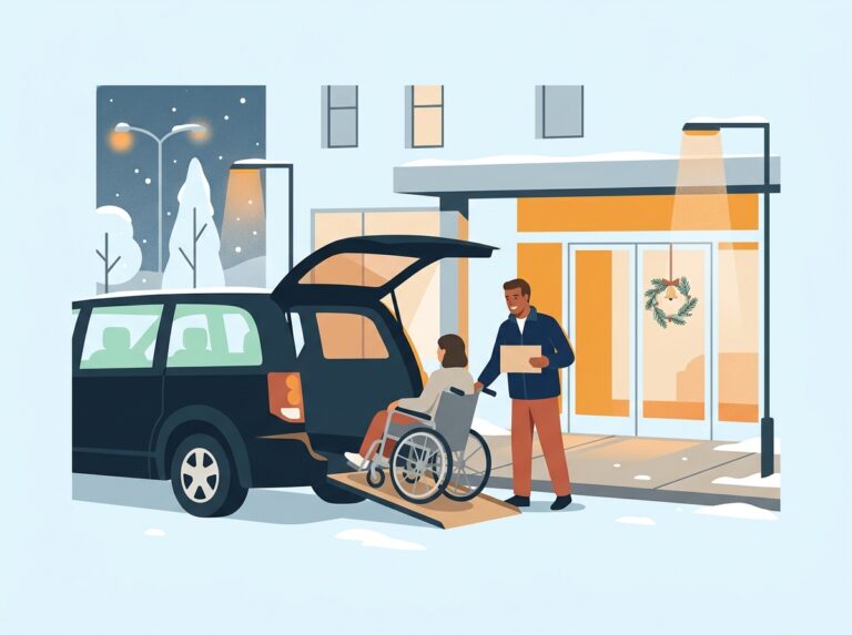 Wheelchair passenger boarding the ramp of an accessible transfer minivan at Rome airport on a winter evening