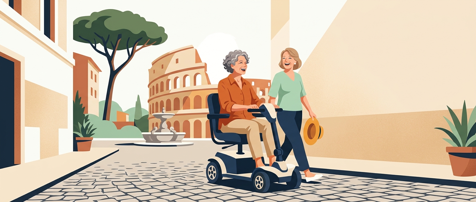 illustrazione di due turisti in carrozzina a Roma